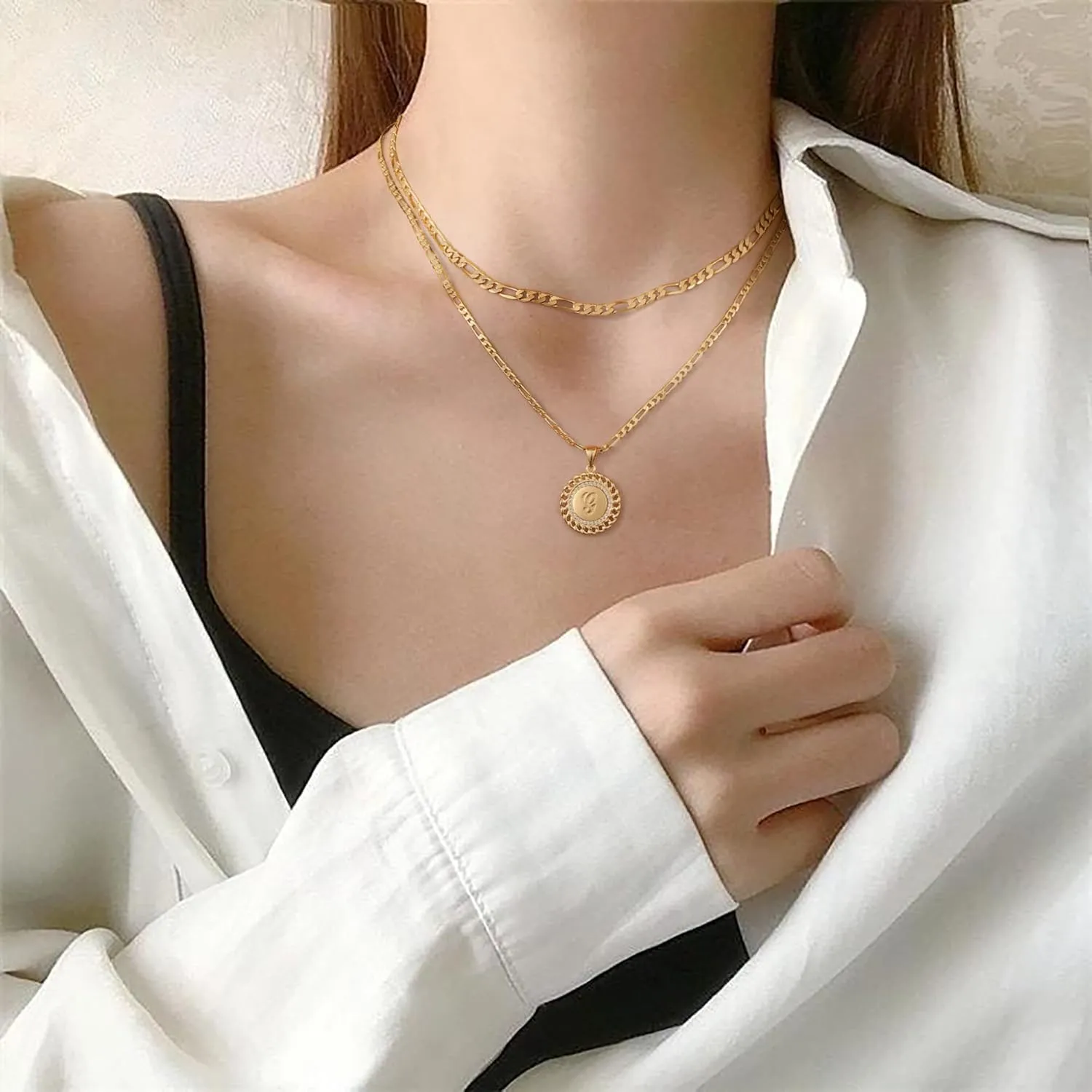 Layered Initial Gold Necklaces for Women, 14K Gold Plated Figaro Chain Initial Necklace for Women Gold Pendent Necklaces Trendy Gold Jewelry for Women