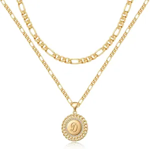 Layered Initial Gold Necklaces for Women, 14K Gold Plated Figaro Chain Initial Necklace for Women Gold Pendent Necklaces Trendy Gold Jewelry for Women