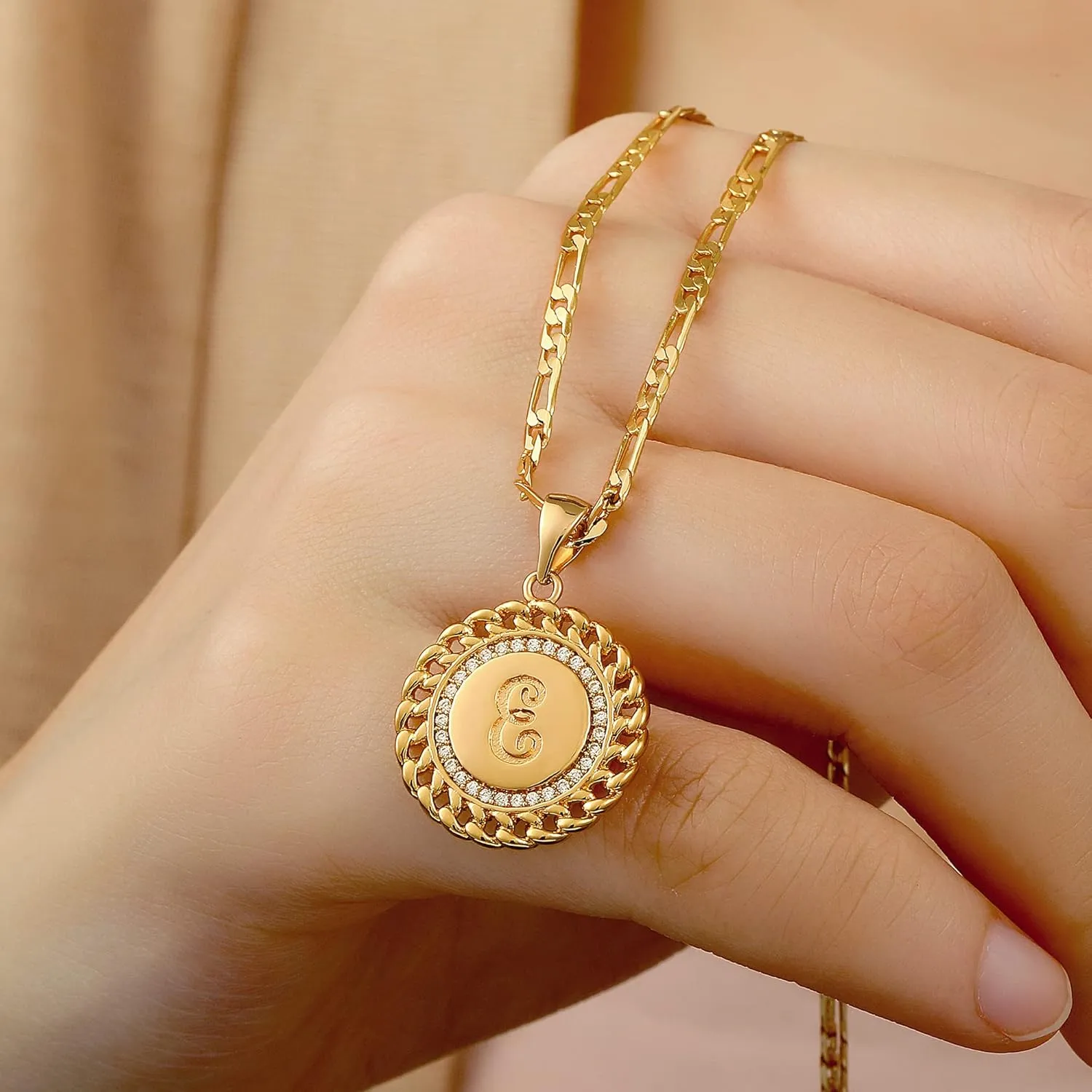 Layered Initial Gold Necklaces for Women, 14K Gold Plated Figaro Chain Initial Necklace for Women Gold Pendent Necklaces Trendy Gold Jewelry for Women