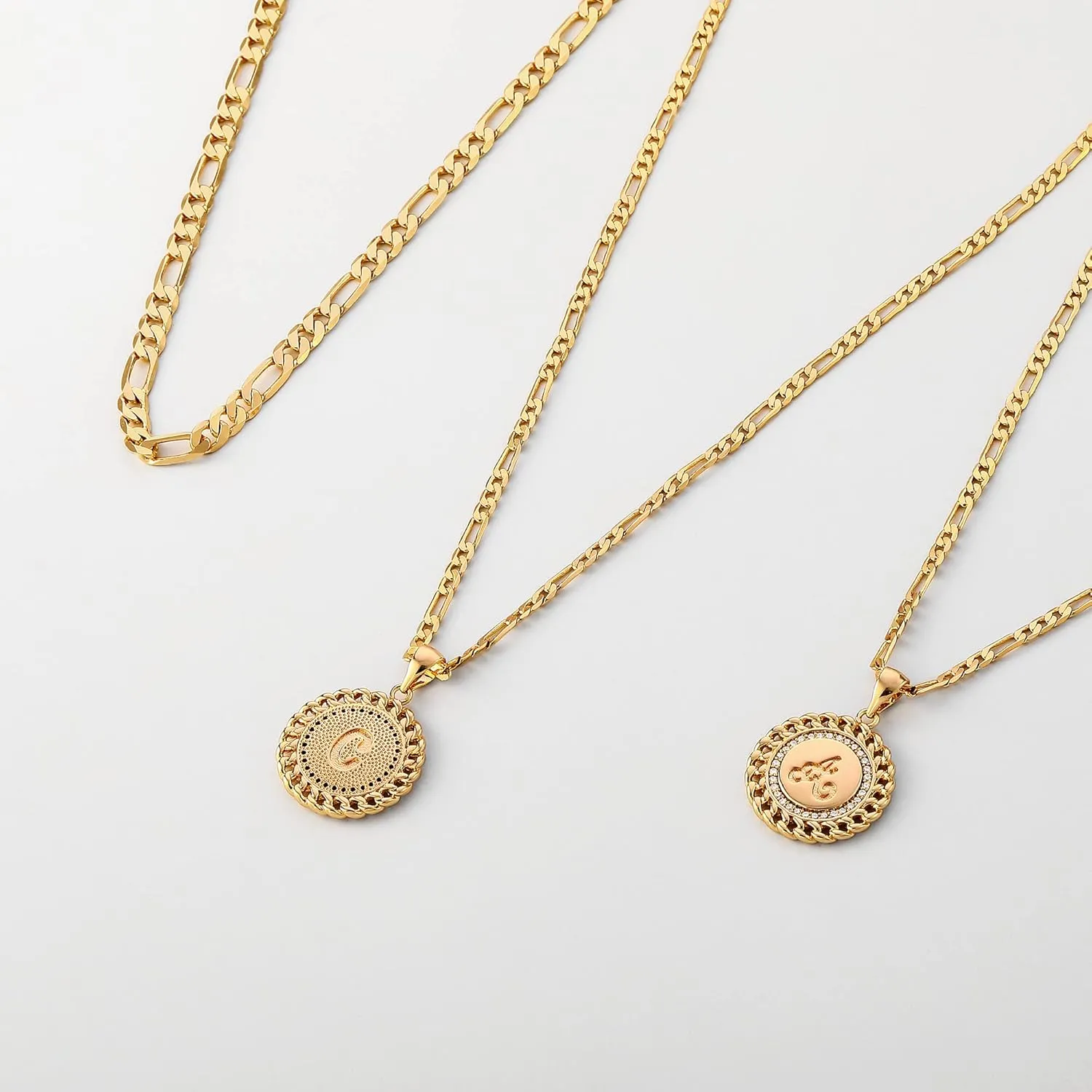Layered Initial Gold Necklaces for Women, 14K Gold Plated Figaro Chain Initial Necklace for Women Gold Pendent Necklaces Trendy Gold Jewelry for Women