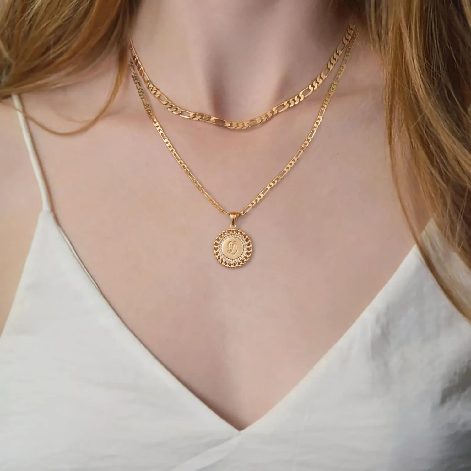 Layered Initial Gold Necklaces for Women, 14K Gold Plated Figaro Chain Initial Necklace for Women Gold Pendent Necklaces Trendy Gold Jewelry for Women