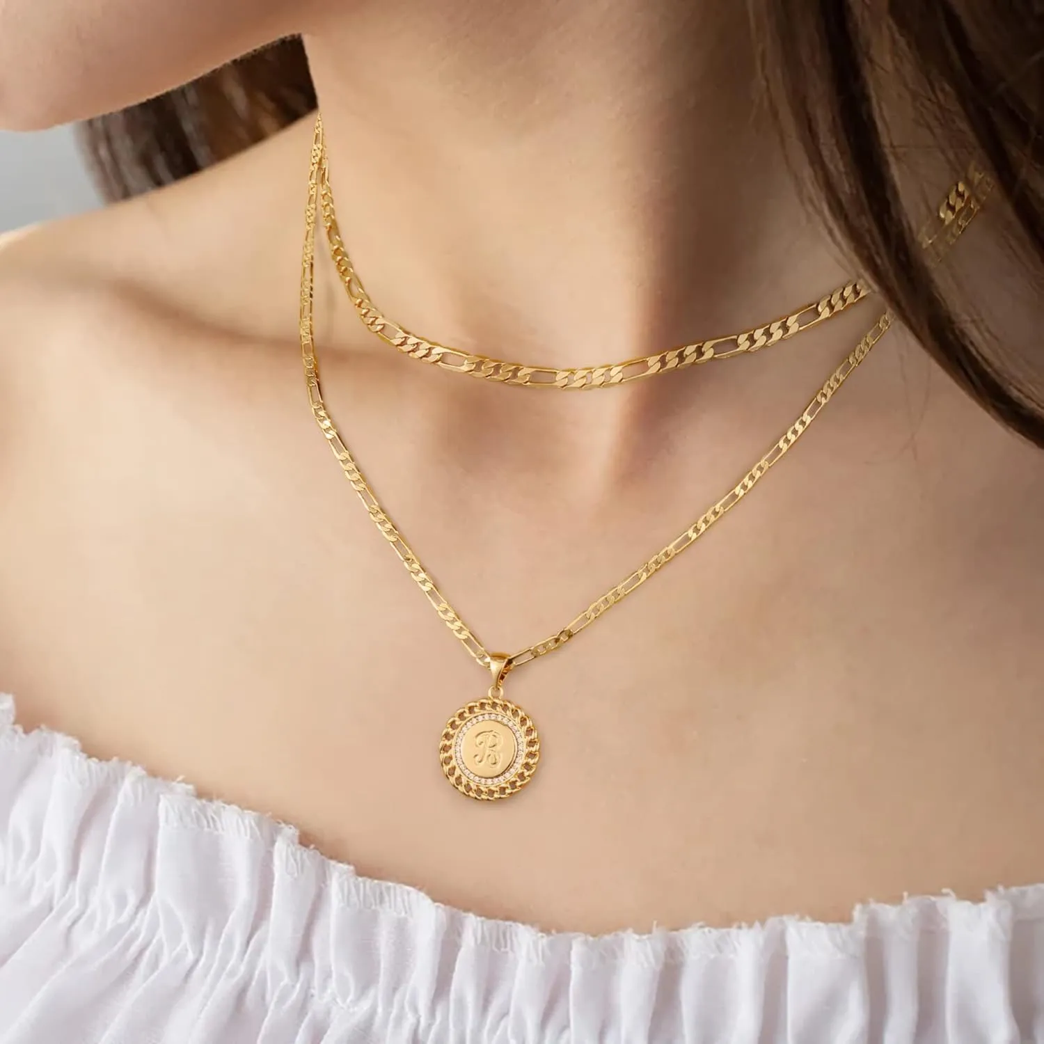 Layered Initial Gold Necklaces for Women, 14K Gold Plated Figaro Chain Initial Necklace for Women Gold Pendent Necklaces Trendy Gold Jewelry for Women