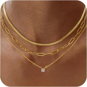 Layered Necklace for Women, Dainty 14K Gold Plated Snake Choker Necklaces Gold Herringbone Paperclip Chain CZ Pendant Simple Cubic Zirconia Necklace Jewelry Set for Women Girls