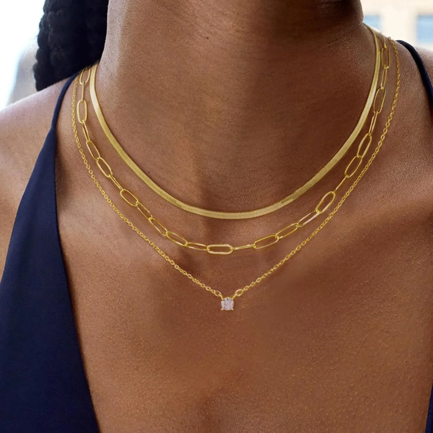 Layered Necklace for Women, Dainty 14K Gold Plated Snake Choker Necklaces Gold Herringbone Paperclip Chain CZ Pendant Simple Cubic Zirconia Necklace Jewelry Set for Women Girls