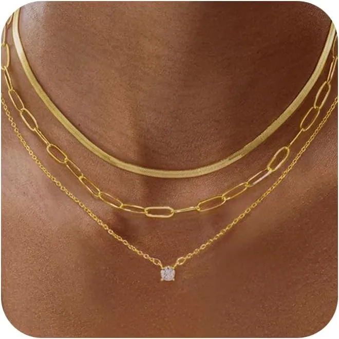 Layered Necklace for Women, Dainty 14K Gold Plated Snake Choker Necklaces Gold Herringbone Paperclip Chain CZ Pendant Simple Cubic Zirconia Necklace Jewelry Set for Women Girls