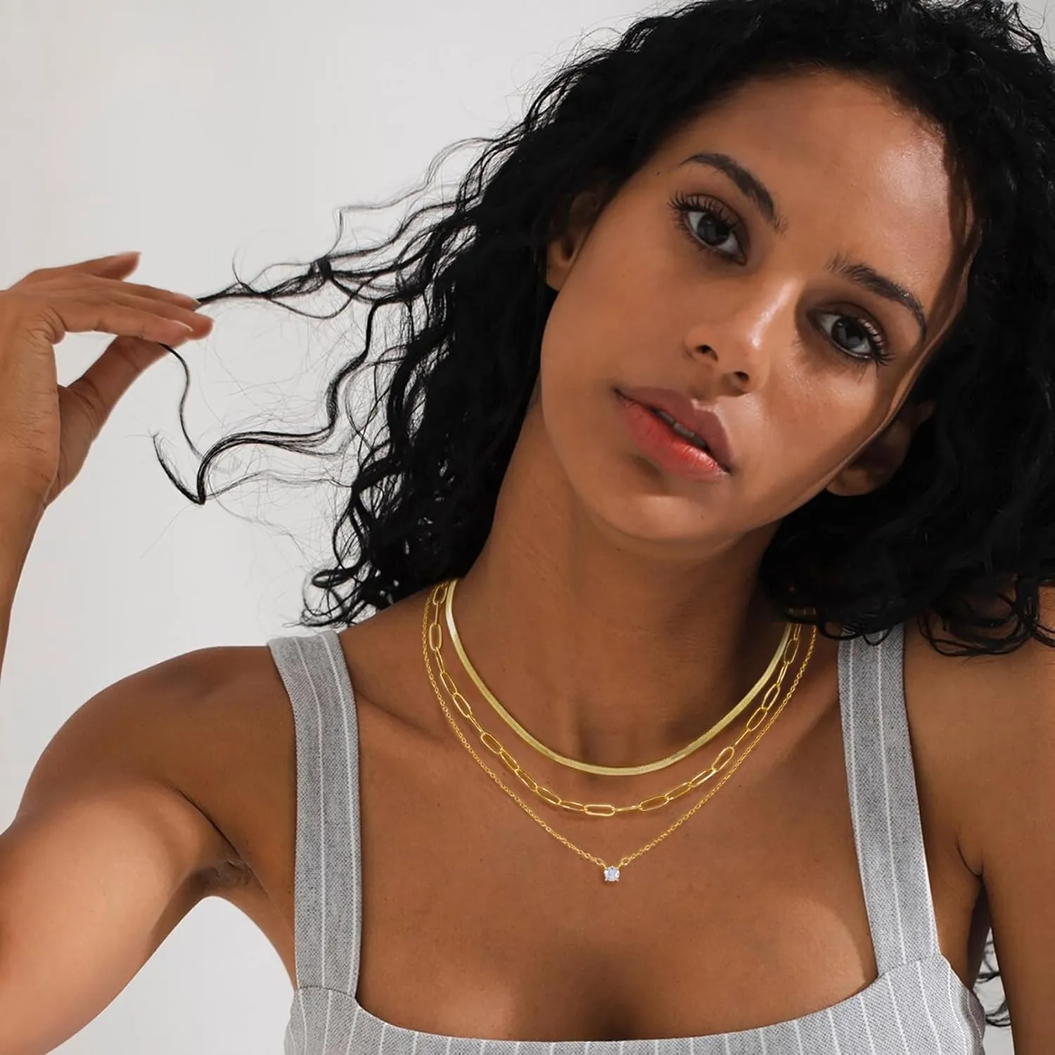 Layered Necklace for Women, Dainty 14K Gold Plated Snake Choker Necklaces Gold Herringbone Paperclip Chain CZ Pendant Simple Cubic Zirconia Necklace Jewelry Set for Women Girls