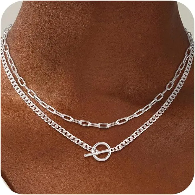 Layered Necklaces for Women Stackable Gold/Silver Plated Cuban Link Toggle Clasp Necklaces Fashion Paperclip Chain Jewelry for Women Ideal Gift
