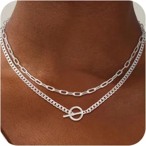 Layered Necklaces for Women Stackable Gold/Silver Plated Cuban Link Toggle Clasp Necklaces Fashion Paperclip Chain Jewelry for Women Ideal Gift