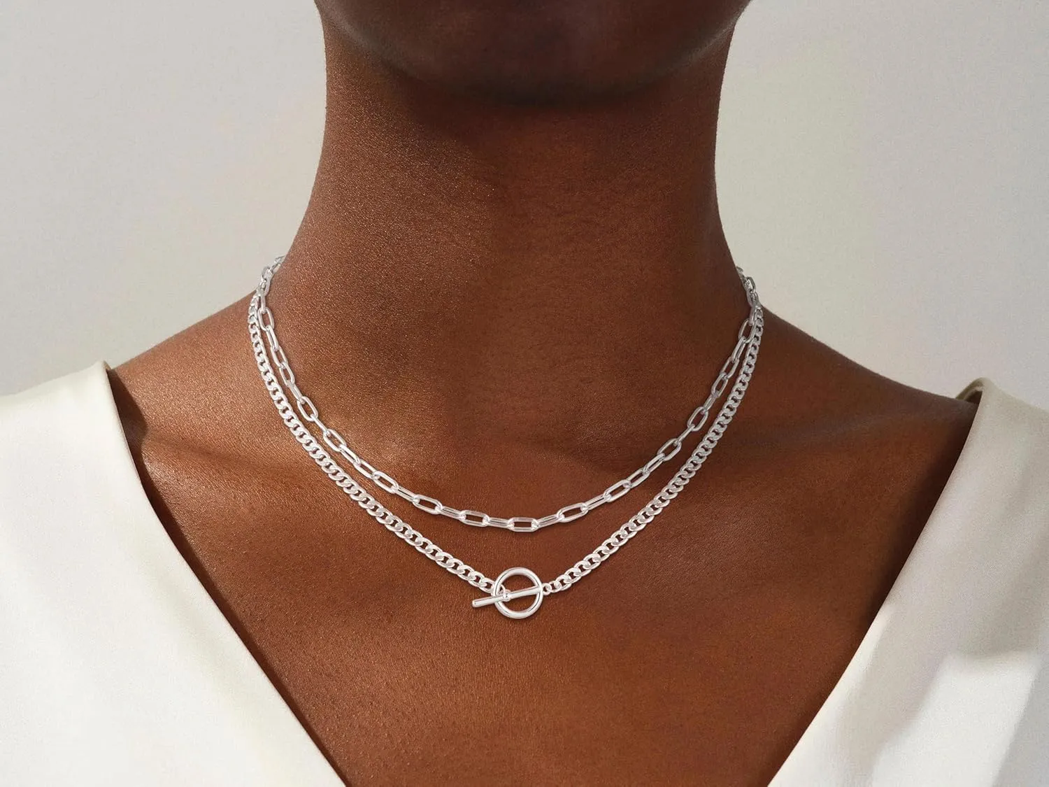 Layered Necklaces for Women Stackable Gold/Silver Plated Cuban Link Toggle Clasp Necklaces Fashion Paperclip Chain Jewelry for Women Ideal Gift