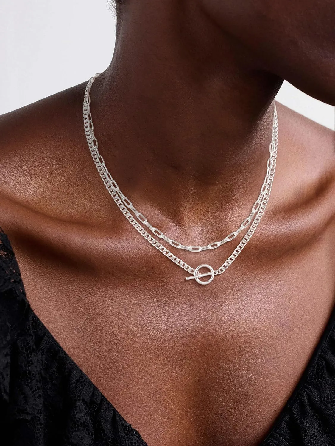 Layered Necklaces for Women Stackable Gold/Silver Plated Cuban Link Toggle Clasp Necklaces Fashion Paperclip Chain Jewelry for Women Ideal Gift