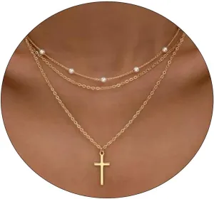 Layered Necklaces for Women,Dainty Gold Necklace Layering Necklaces Cross Necklace Pearl Necklace 14k Gold Plated Cuba Chain Choker Necklace Gold Chain Necklace Women Gold Jewelry Gifts