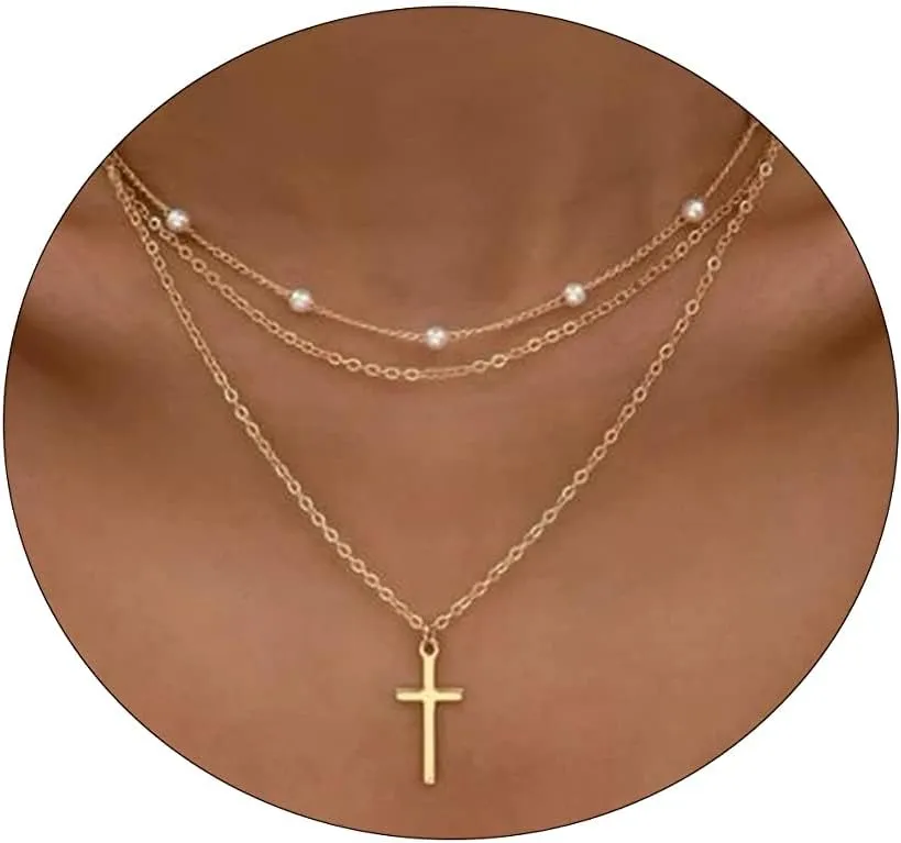 Layered Necklaces for Women,Dainty Gold Necklace Layering Necklaces Cross Necklace Pearl Necklace 14k Gold Plated Cuba Chain Choker Necklace Gold Chain Necklace Women Gold Jewelry Gifts