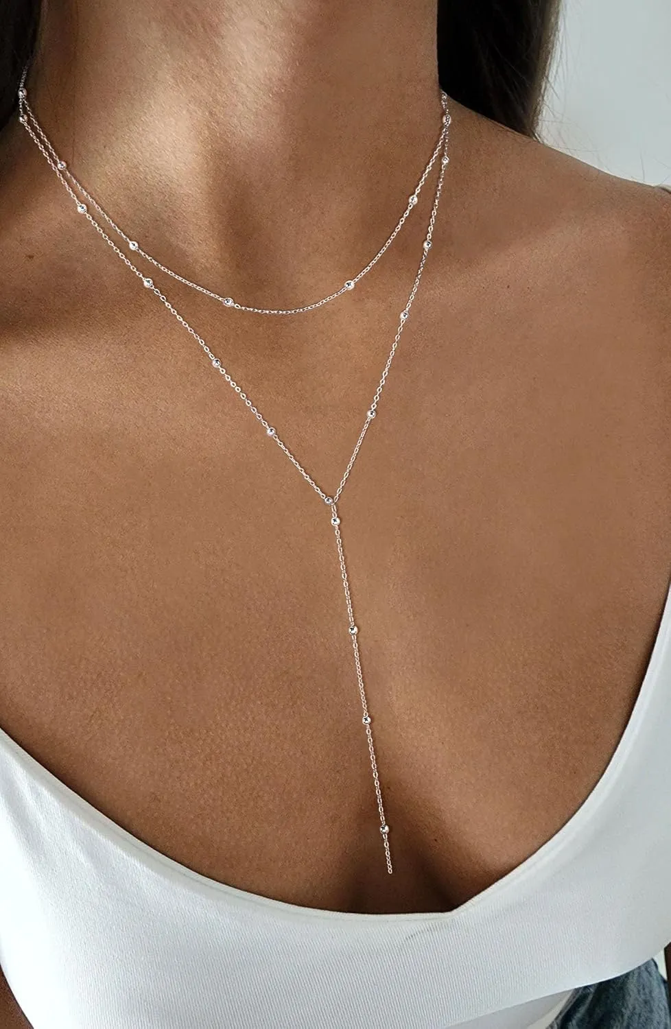 Layered Silver Necklace for Women, Dainty Silver/Gold Plated Long Necklaces for Women Trendy Lariat Y Shaped Cubic Zirconia Pendant Necklaces Fashion Jewelry for Women Christmas Gifts
