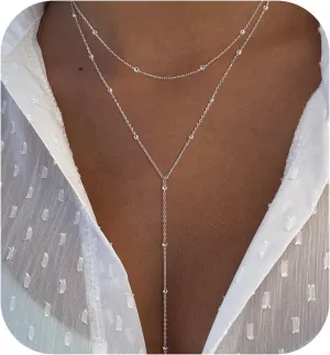 Layered Silver Necklace for Women, Dainty Silver/Gold Plated Long Necklaces for Women Trendy Lariat Y Shaped Cubic Zirconia Pendant Necklaces Fashion Jewelry for Women Christmas Gifts