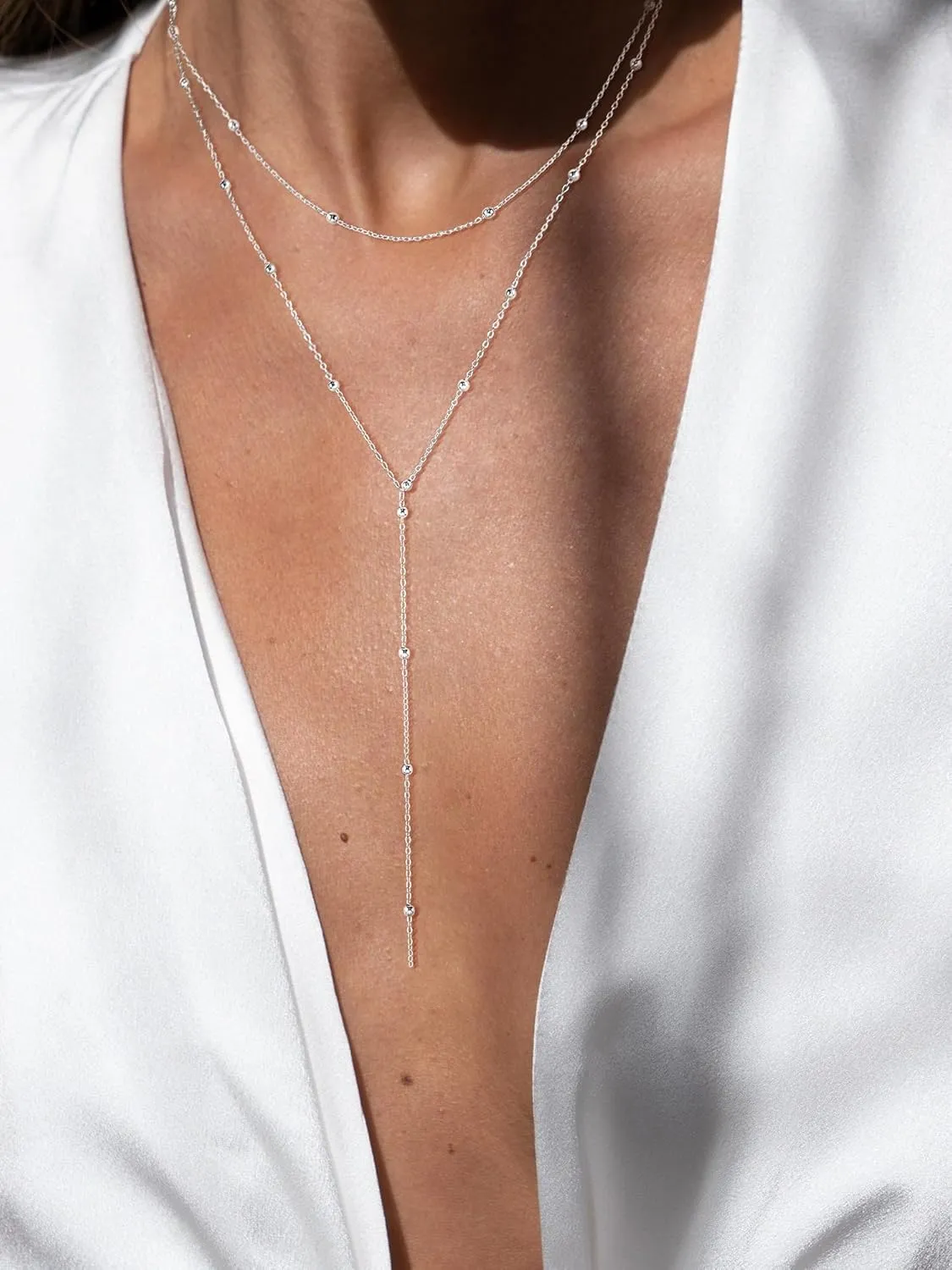 Layered Silver Necklace for Women, Dainty Silver/Gold Plated Long Necklaces for Women Trendy Lariat Y Shaped Cubic Zirconia Pendant Necklaces Fashion Jewelry for Women Christmas Gifts