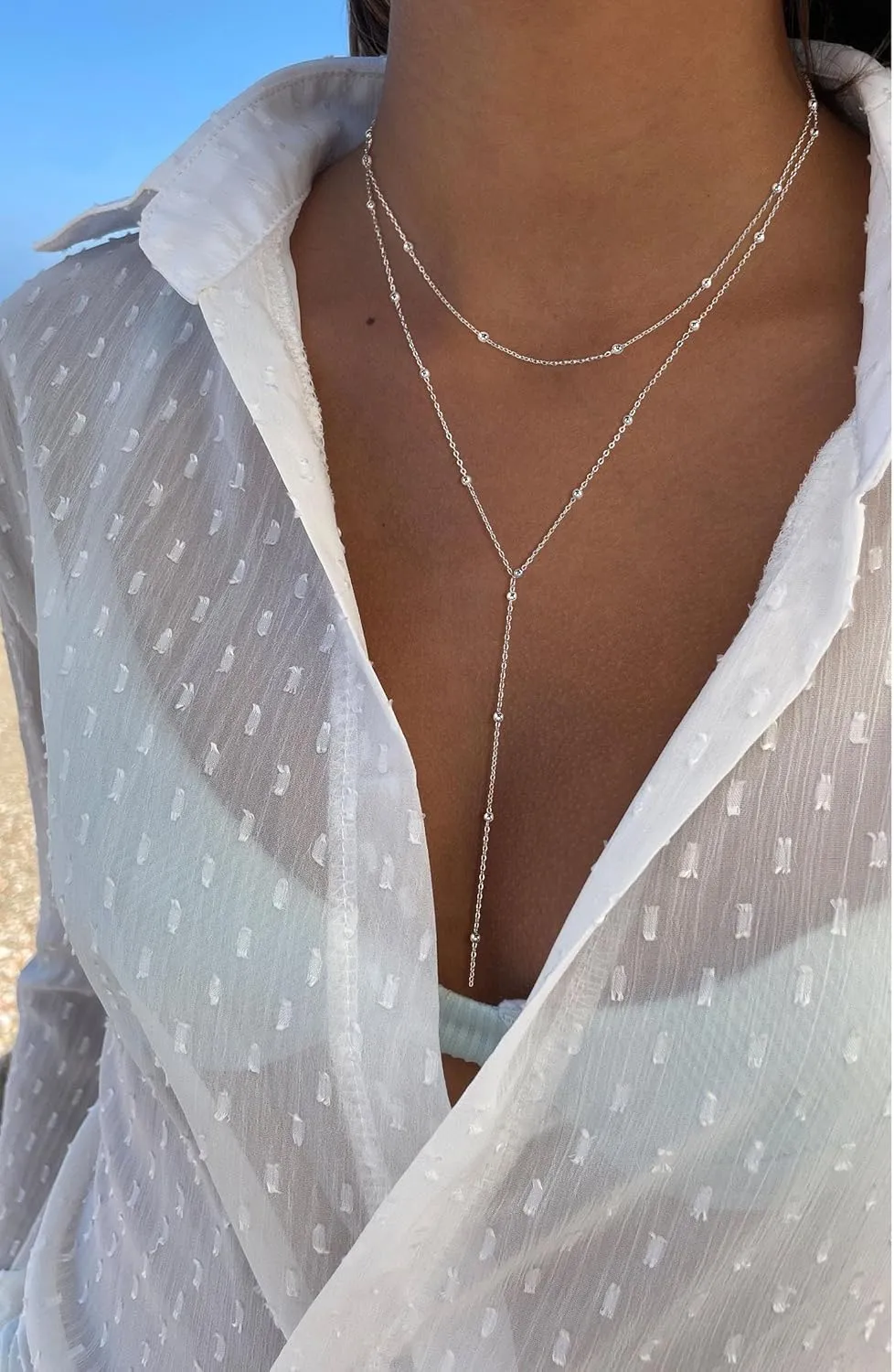 Layered Silver Necklace for Women, Dainty Silver/Gold Plated Long Necklaces for Women Trendy Lariat Y Shaped Cubic Zirconia Pendant Necklaces Fashion Jewelry for Women Christmas Gifts