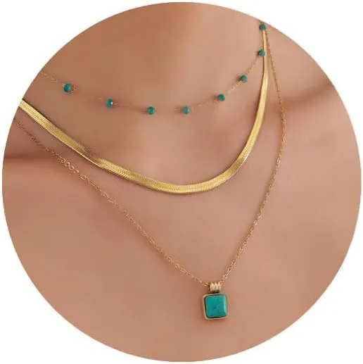 Layered Turquoise Necklaces for Women, 18K Gold Plated Herringbone Natural Stone Necklace Healing Crystal Pendant Necklace Set, Gold Necklaces Gifts for Women