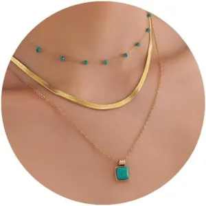 Layered Turquoise Necklaces for Women, 18K Gold Plated Herringbone Natural Stone Necklace Healing Crystal Pendant Necklace Set, Gold Necklaces Gifts for Women