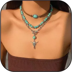 Layered Western Necklaces for Women Turquoise Beaded Chain Necklaces Boho Cowboy Cowgirl Accessories Vintage Leather Necklace Country Concert Cowgirl Dresses Accessories