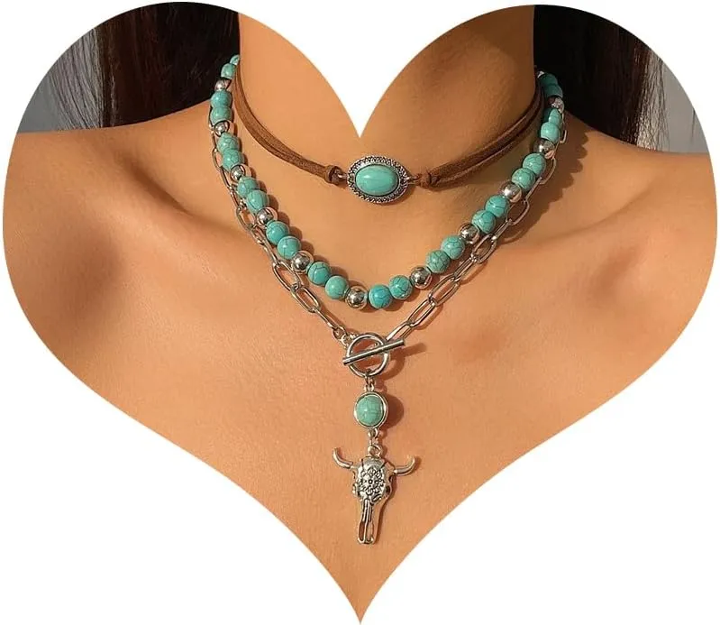 Layered Western Necklaces for Women Turquoise Beaded Necklaces Ox-Head Cactus Pendant Necklace Cowboy Cowgirl Choker Western Boho Jewelry Country Concert Outfit Accessories