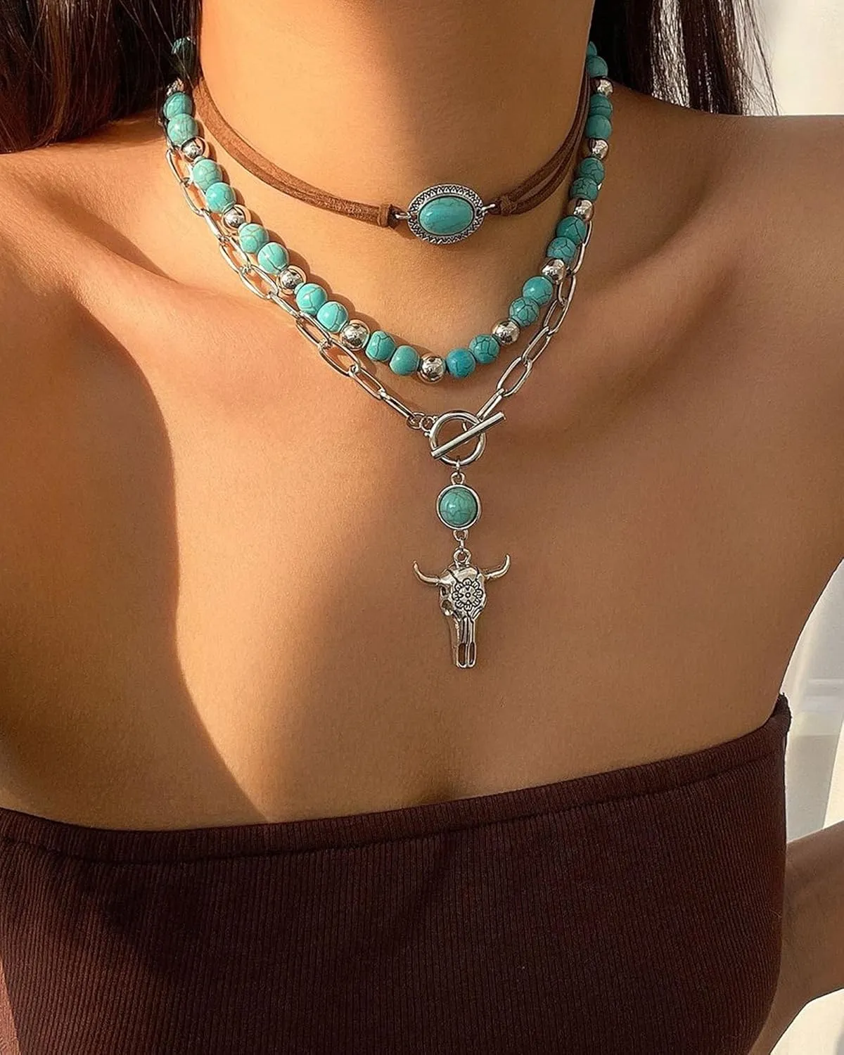 Layered Western Necklaces for Women Turquoise Beaded Necklaces Ox-Head Cactus Pendant Necklace Cowboy Cowgirl Choker Western Boho Jewelry Country Concert Outfit Accessories