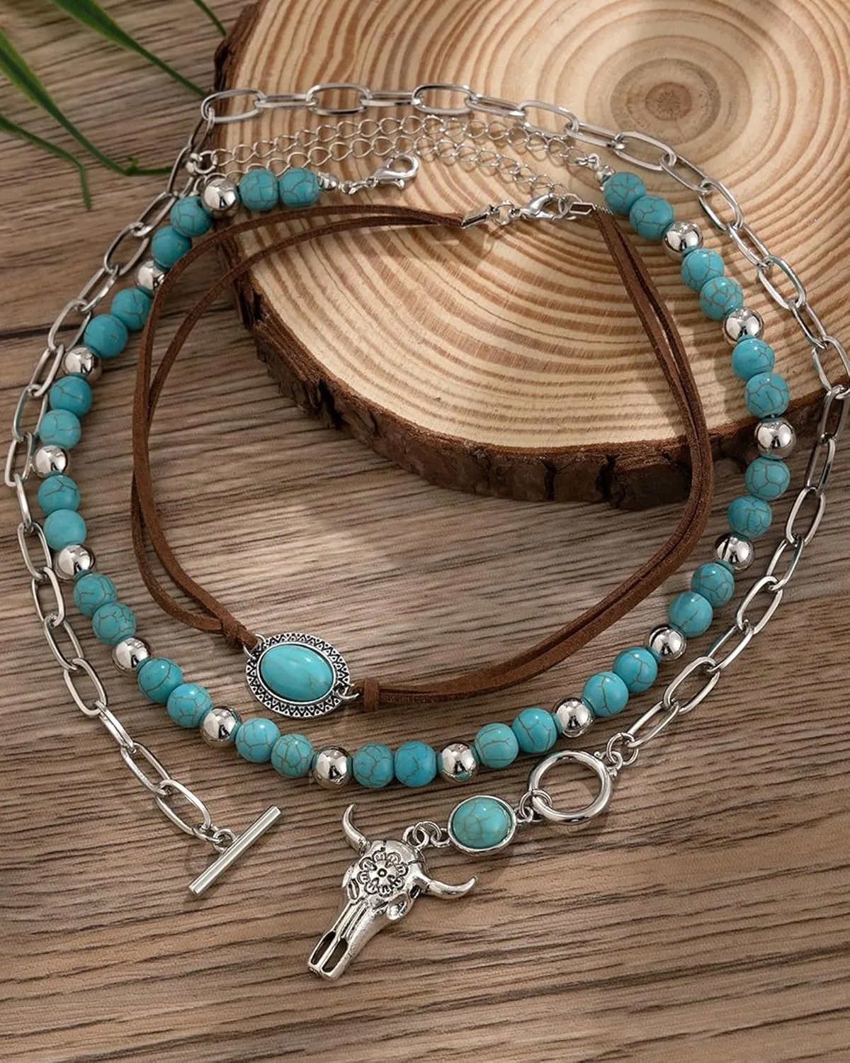 Layered Western Necklaces for Women Turquoise Beaded Necklaces Ox-Head Cactus Pendant Necklace Cowboy Cowgirl Choker Western Boho Jewelry Country Concert Outfit Accessories