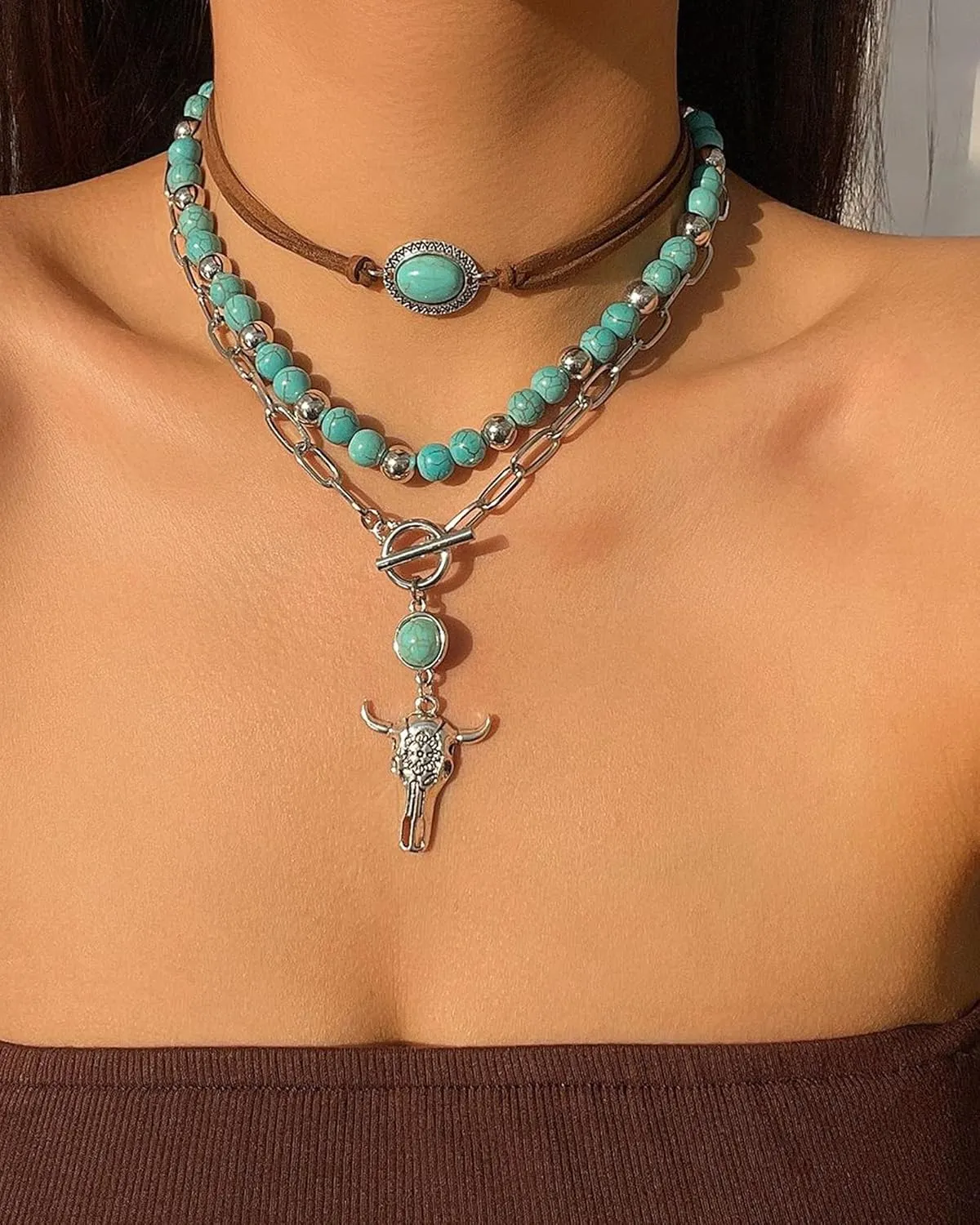 Layered Western Necklaces for Women Turquoise Beaded Necklaces Ox-Head Cactus Pendant Necklace Cowboy Cowgirl Choker Western Boho Jewelry Country Concert Outfit Accessories