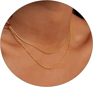 LEXODY Stackable Necklaces for Women 14k Gold Plated Layered Gold Necklaces Dainty Gold Necklace Dot Thin Paperclip Snake Chain Choker Necklace For Women Shine Jewelry Gifts for Women
