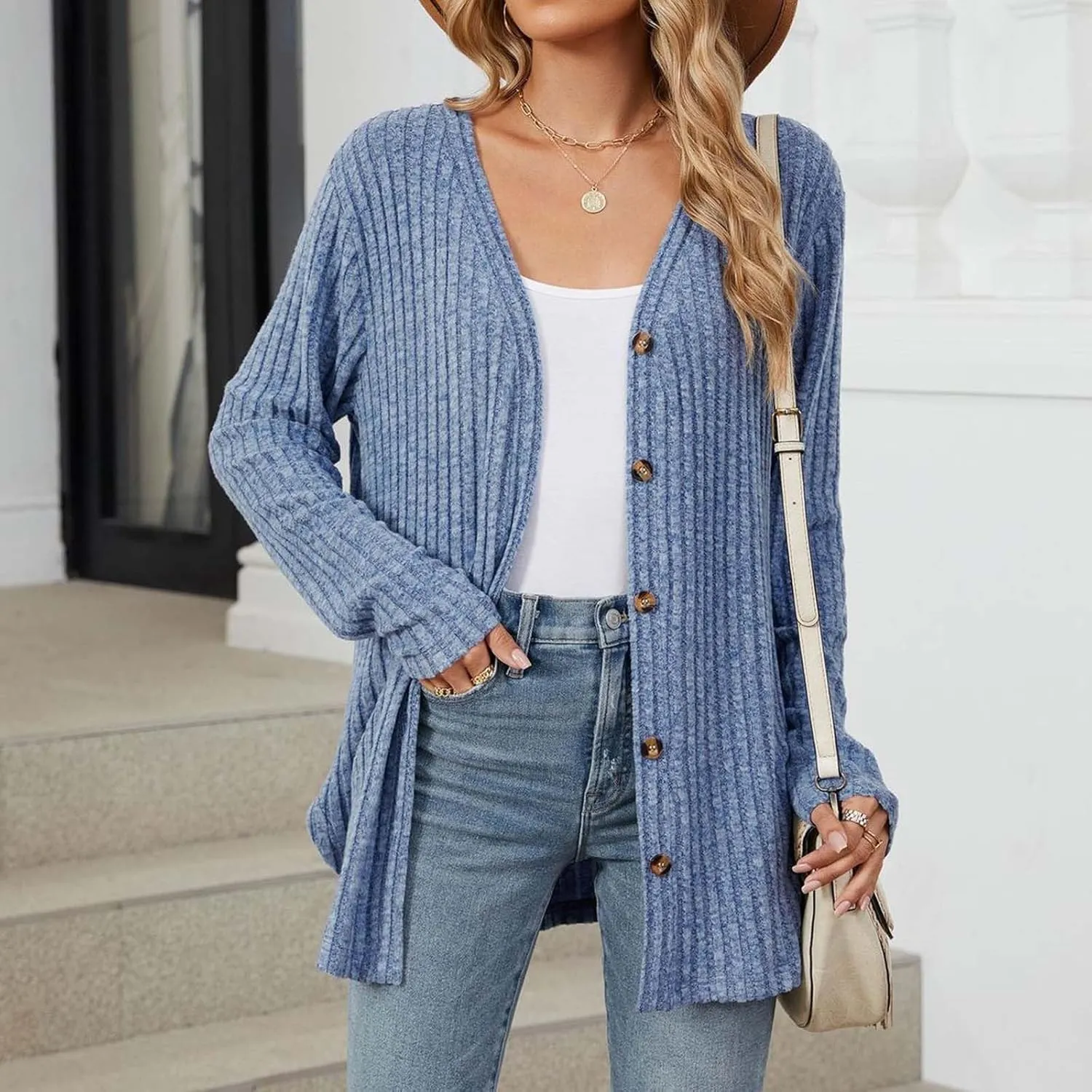 Lightweight Cardigan Sweaters Women 2024 Fall Fashion Long Sleeve Open Front Button Down V Neck Knit Jacket Winter