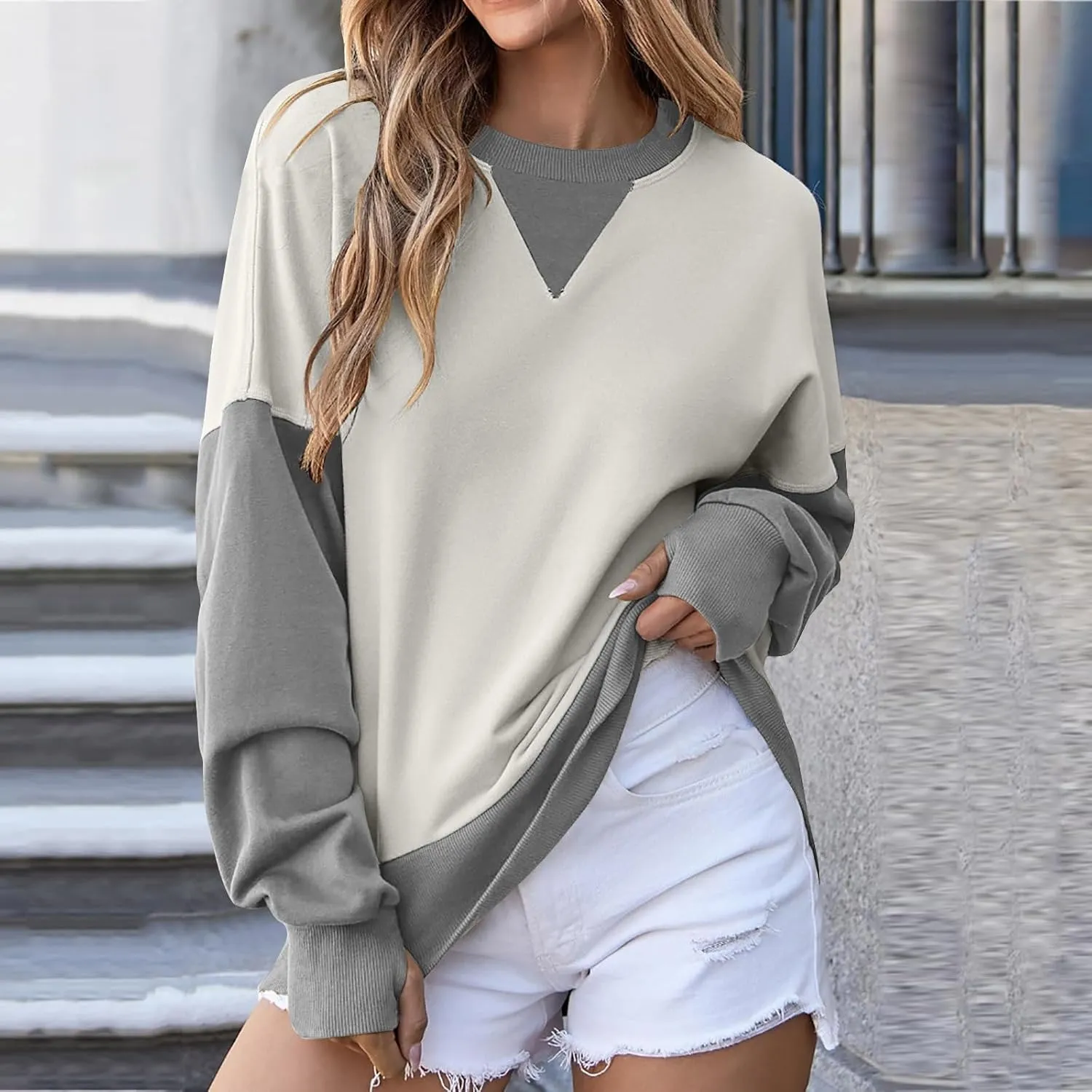 Lightweight Sweatshirts for Women Trendy Oversize Long Sleeve Top Color Block Pullover Classic Crew Neck Sweat Shirt