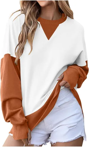 Lightweight Sweatshirts for Women Trendy Oversize Long Sleeve Top Color Block Pullover Classic Crew Neck Sweat Shirt