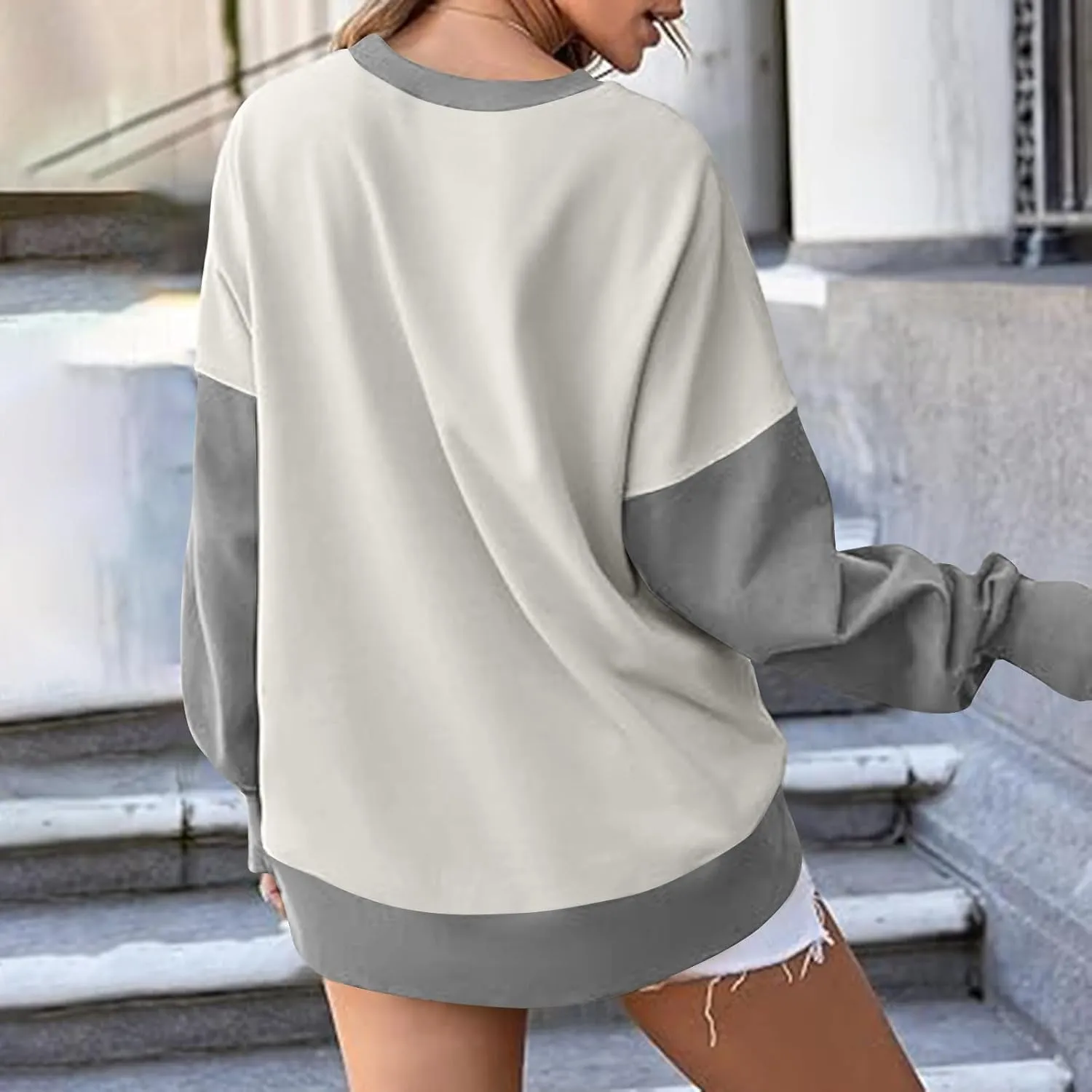 Lightweight Sweatshirts for Women Trendy Oversize Long Sleeve Top Color Block Pullover Classic Crew Neck Sweat Shirt