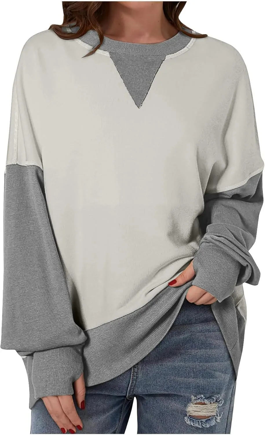 Lightweight Sweatshirts for Women Trendy Oversize Long Sleeve Top Color Block Pullover Classic Crew Neck Sweat Shirt