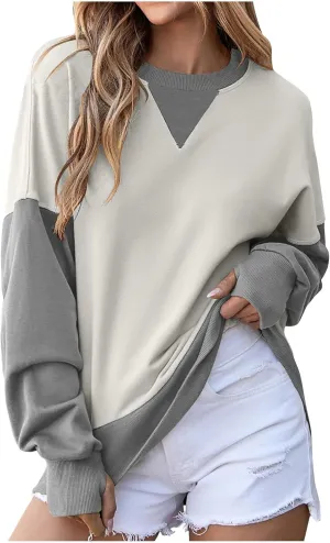 Lightweight Sweatshirts for Women Trendy Oversize Long Sleeve Top Color Block Pullover Classic Crew Neck Sweat Shirt