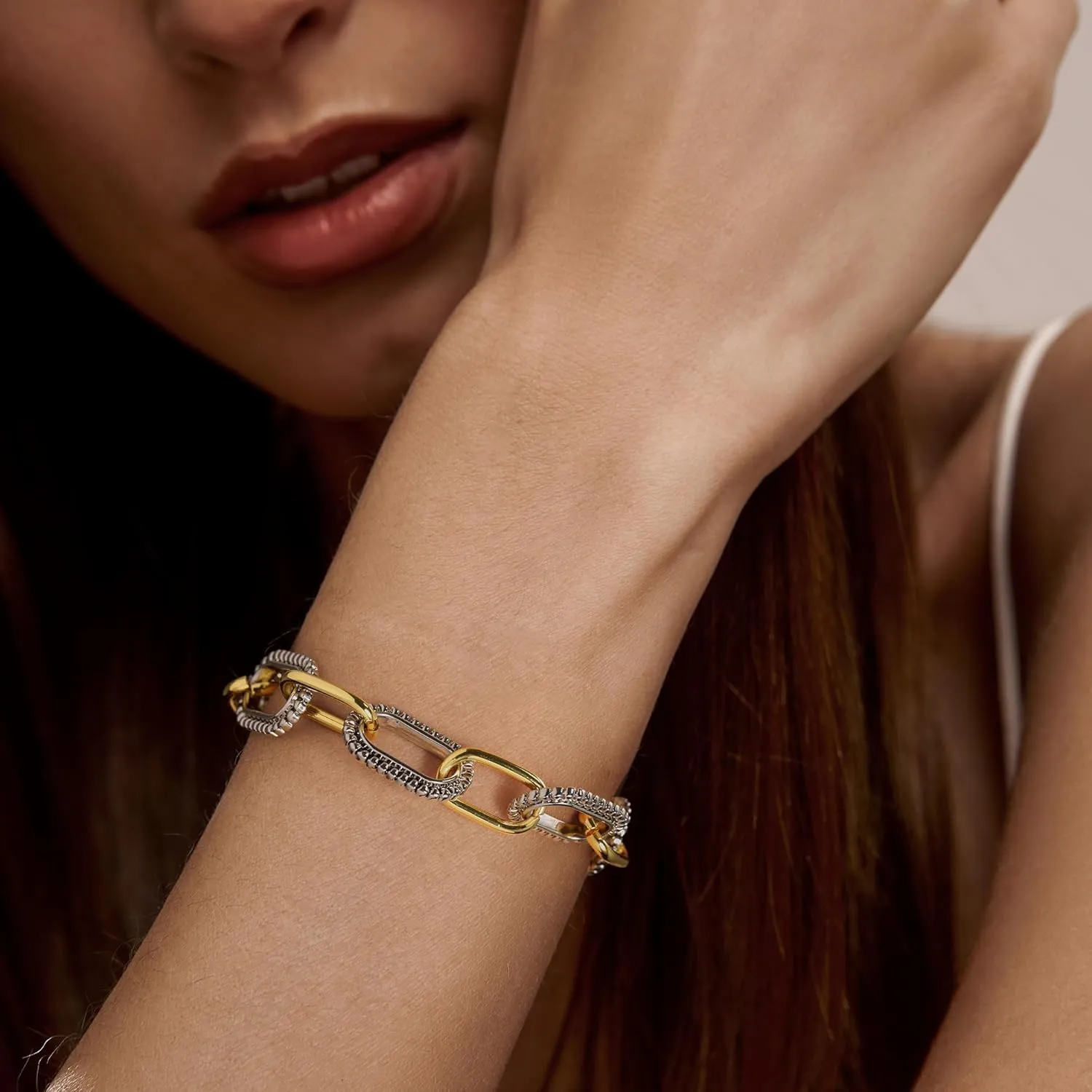 Link Chain Bracelets for Women, Two Tone Link Bracelets Gold and Silver Paperclip Vintage Bracelets Wire Bangle Jewelry Gifts