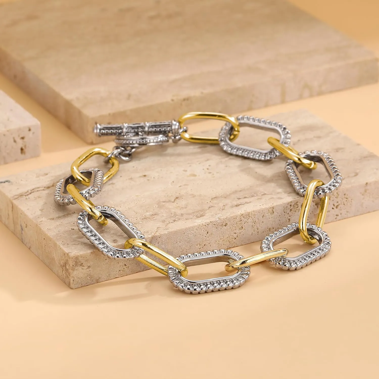 Link Chain Bracelets for Women, Two Tone Link Bracelets Gold and Silver Paperclip Vintage Bracelets Wire Bangle Jewelry Gifts