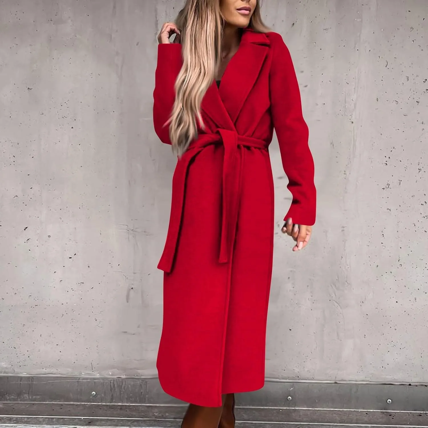 Long Trench Coats For Women Fashion Faux Wool Coat Blouse Thin Solid Jacket Ladies Notch Lapel Overcoat With Belt