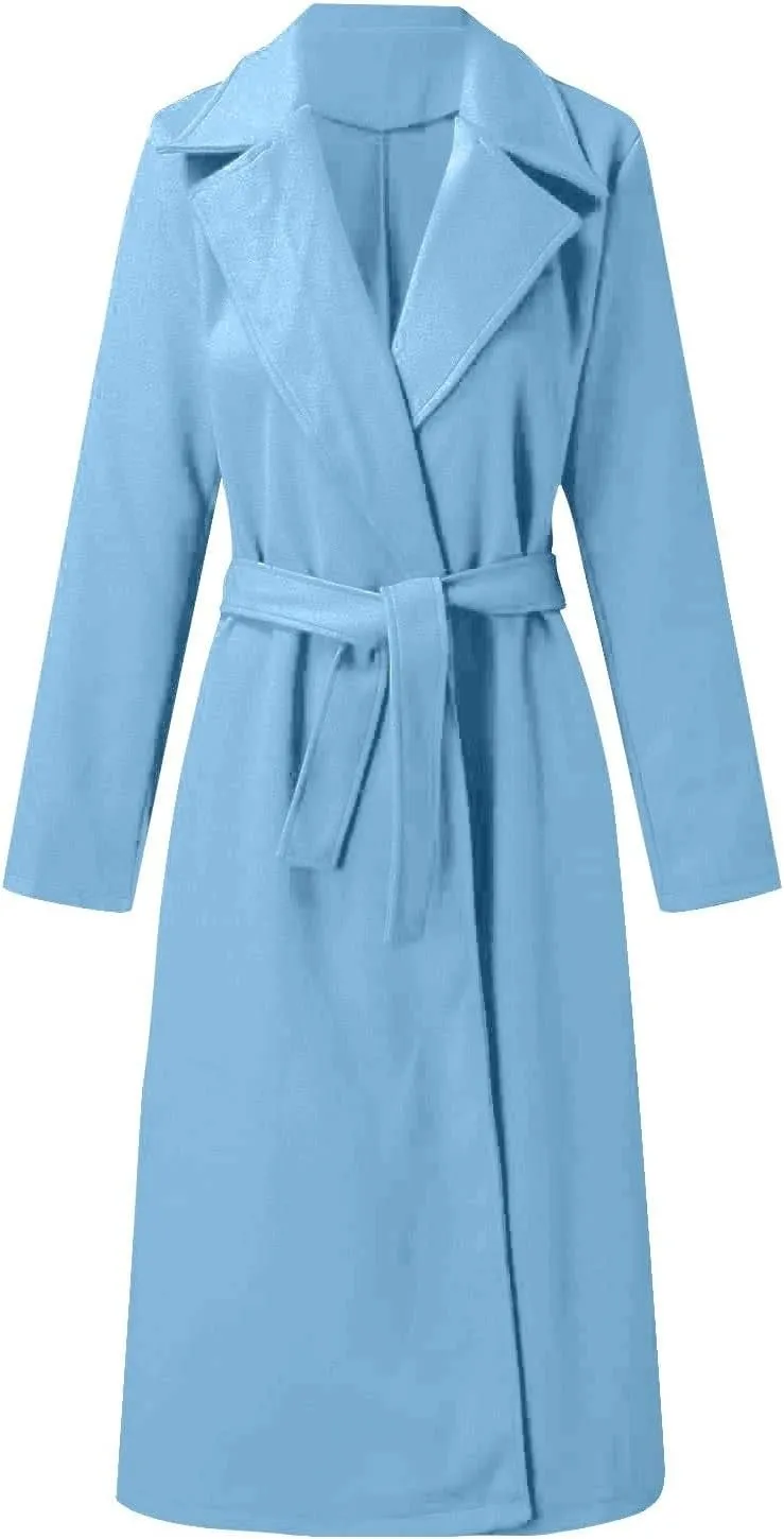 Long Trench Coats For Women Fashion Faux Wool Coat Blouse Thin Solid Jacket Ladies Notch Lapel Overcoat With Belt