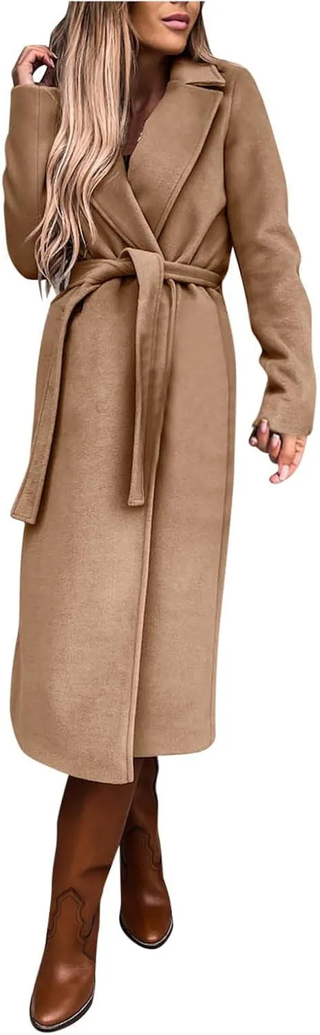 Long Trench Coats For Women Fashion Faux Wool Coat Blouse Thin Solid Jacket Ladies Notch Lapel Overcoat With Belt