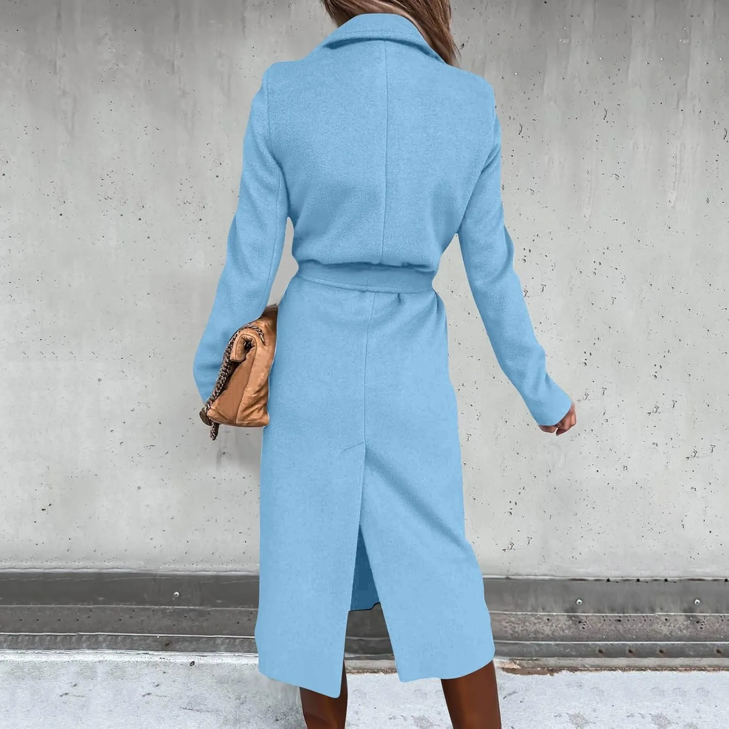 Long Trench Coats For Women Fashion Faux Wool Coat Blouse Thin Solid Jacket Ladies Notch Lapel Overcoat With Belt
