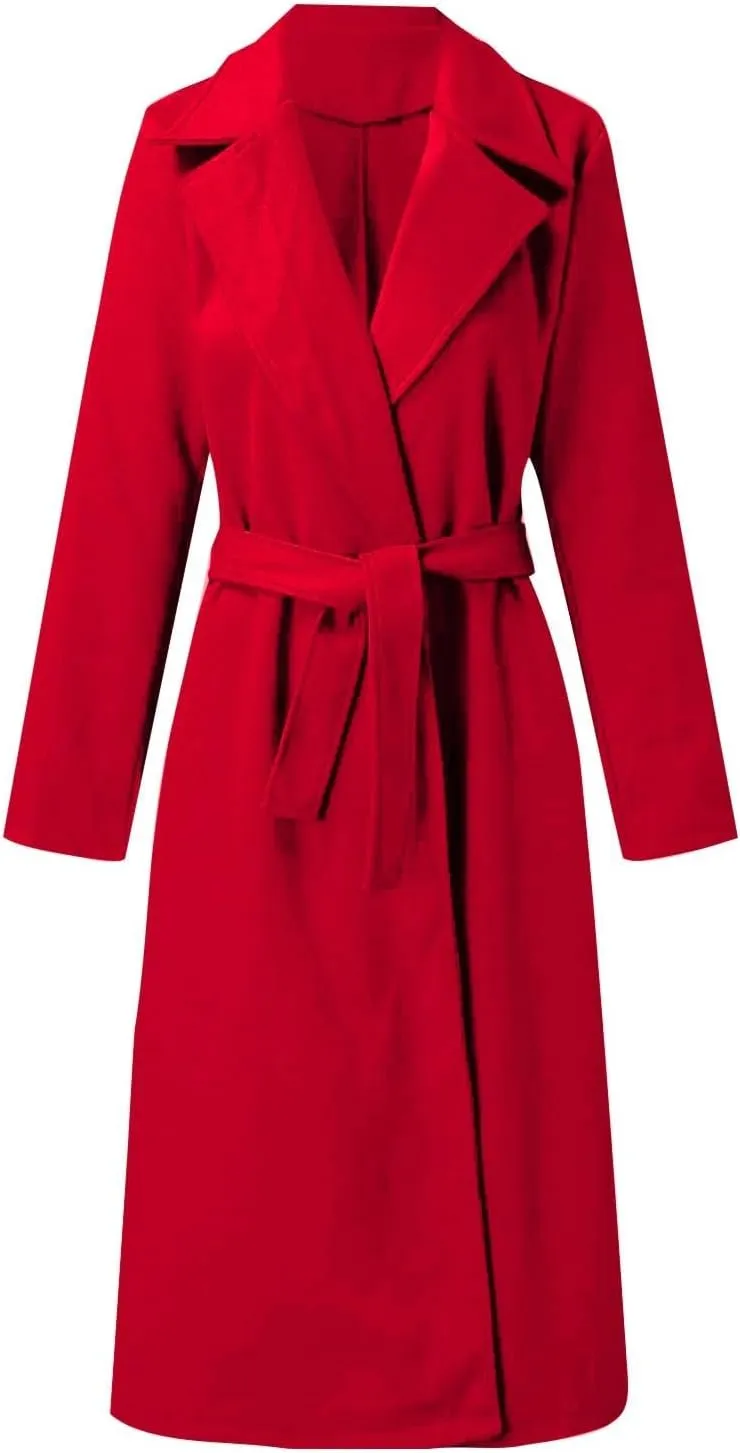 Long Trench Coats For Women Fashion Faux Wool Coat Blouse Thin Solid Jacket Ladies Notch Lapel Overcoat With Belt