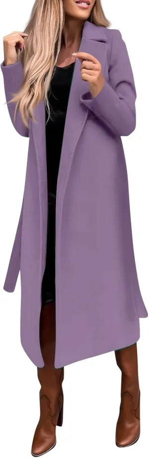 Long Trench Coats For Women Fashion Faux Wool Coat Blouse Thin Solid Jacket Ladies Notch Lapel Overcoat With Belt