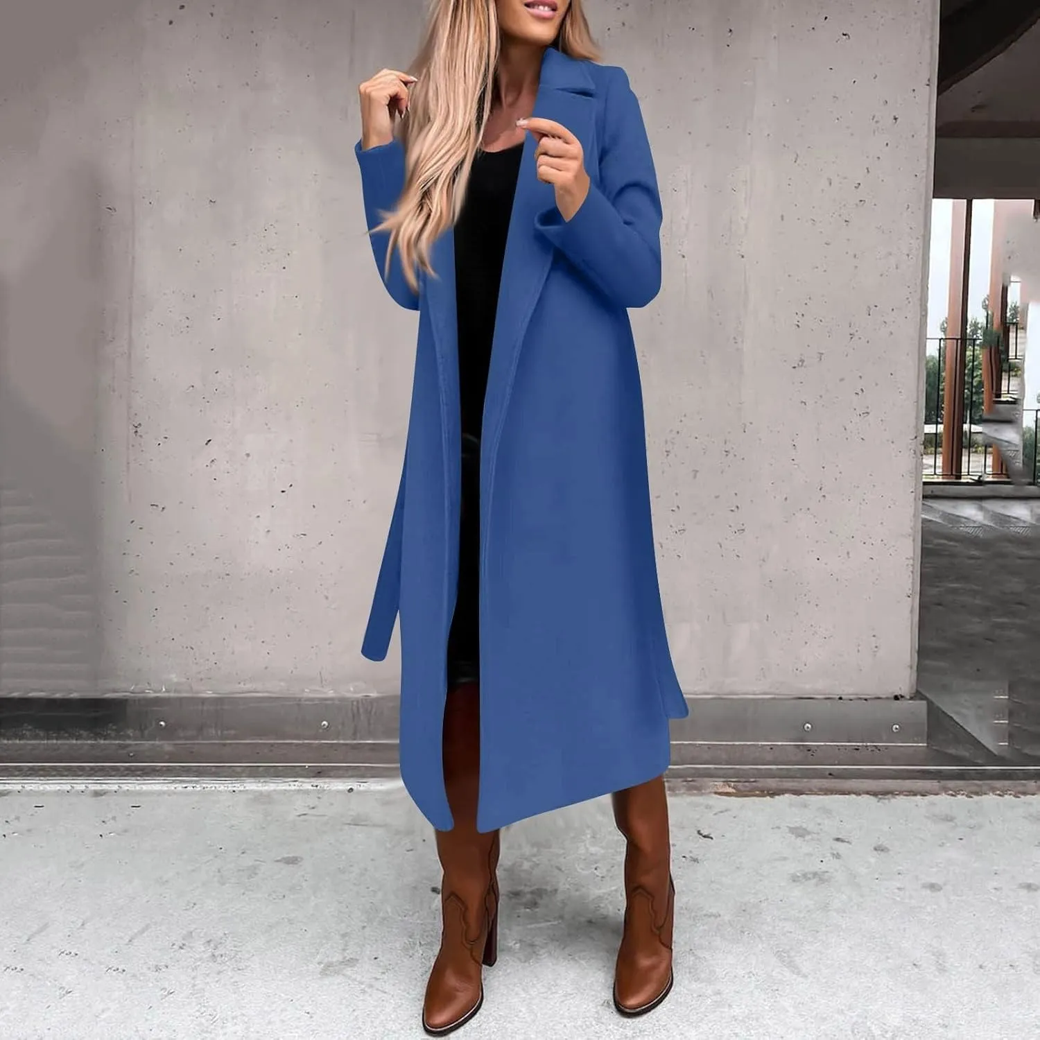 Long Trench Coats For Women Fashion Faux Wool Coat Blouse Thin Solid Jacket Ladies Notch Lapel Overcoat With Belt