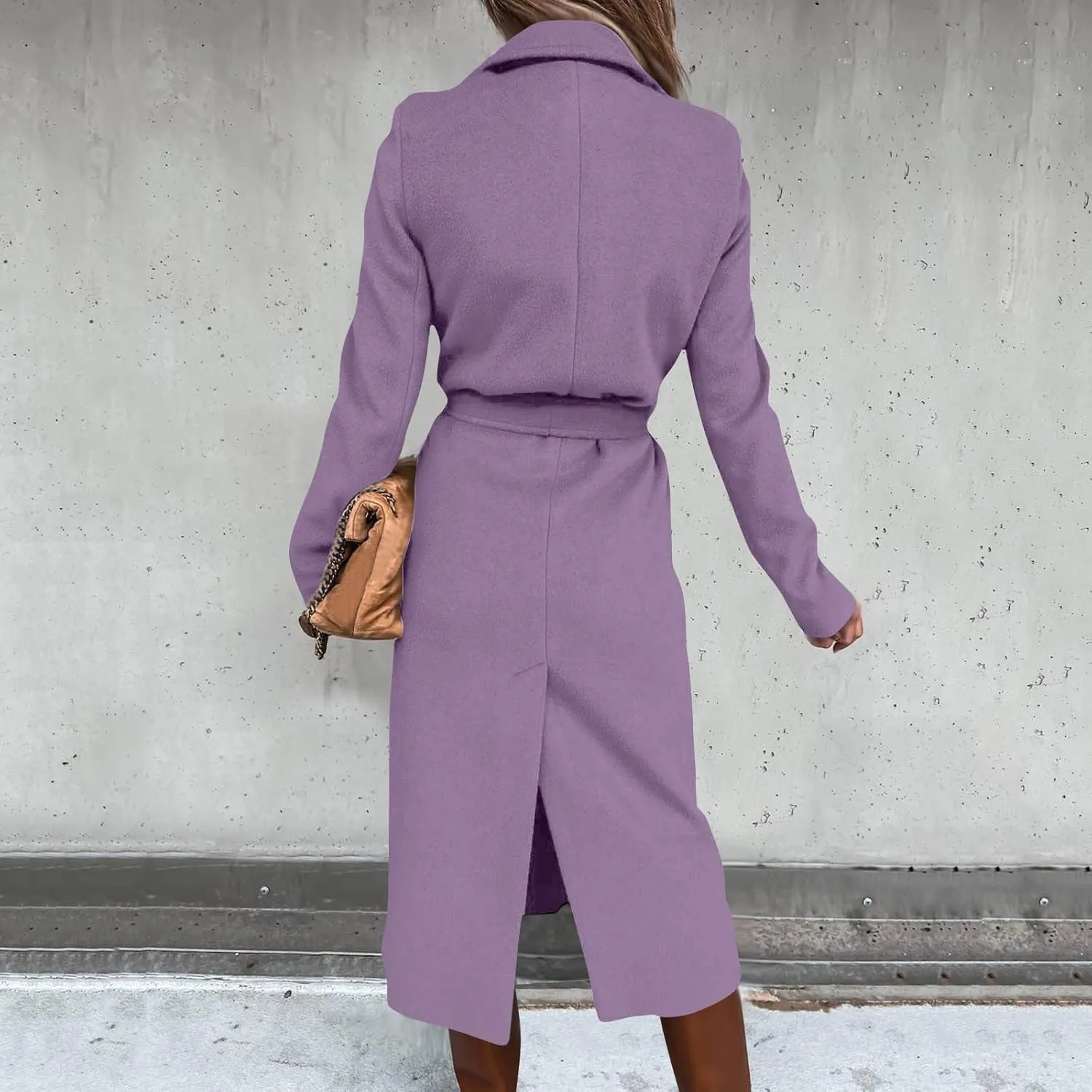 Long Trench Coats For Women Fashion Faux Wool Coat Blouse Thin Solid Jacket Ladies Notch Lapel Overcoat With Belt