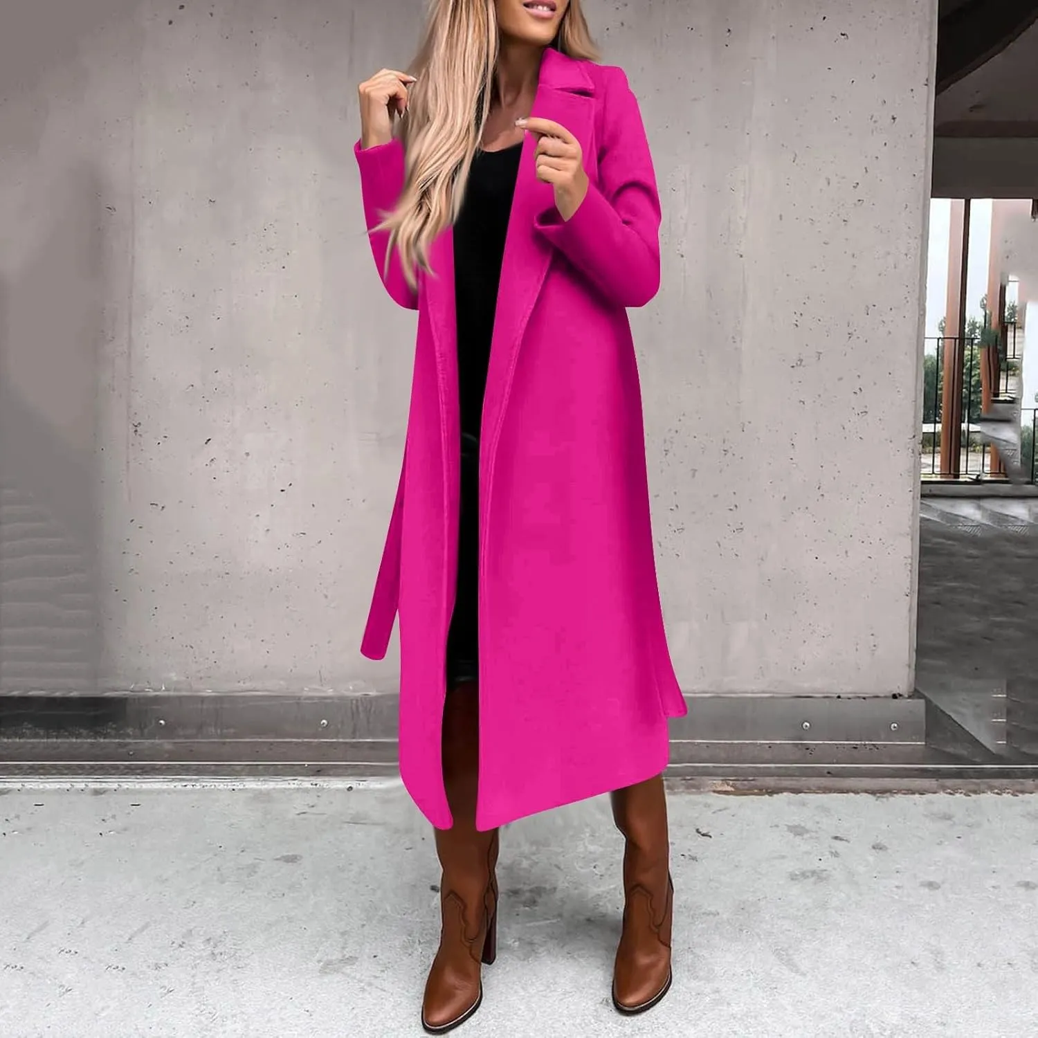 Long Trench Coats For Women Fashion Faux Wool Coat Blouse Thin Solid Jacket Ladies Notch Lapel Overcoat With Belt