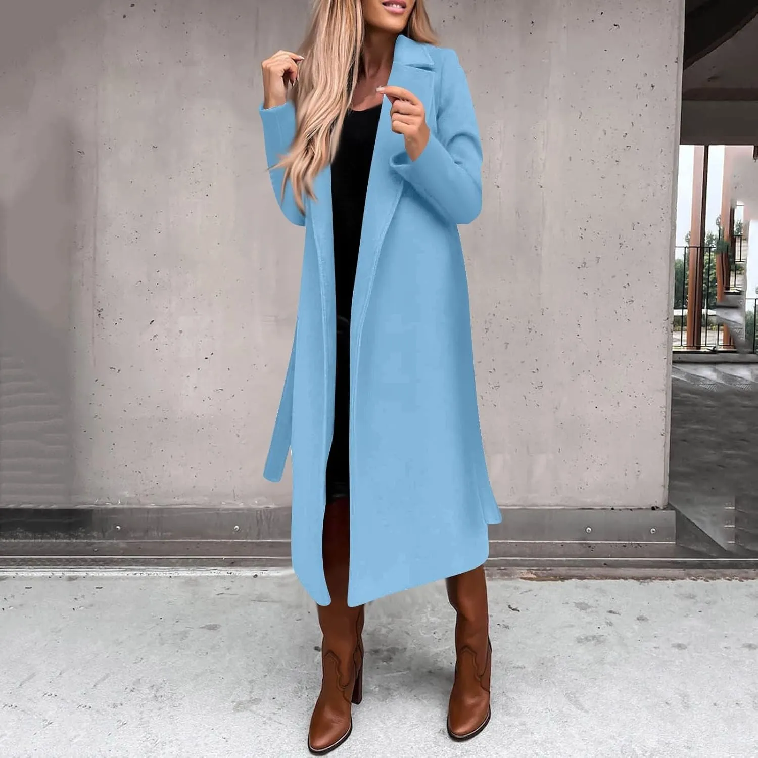 Long Trench Coats For Women Fashion Faux Wool Coat Blouse Thin Solid Jacket Ladies Notch Lapel Overcoat With Belt