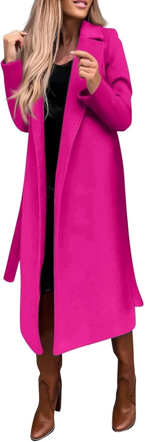 Long Trench Coats For Women Fashion Faux Wool Coat Blouse Thin Solid Jacket Ladies Notch Lapel Overcoat With Belt