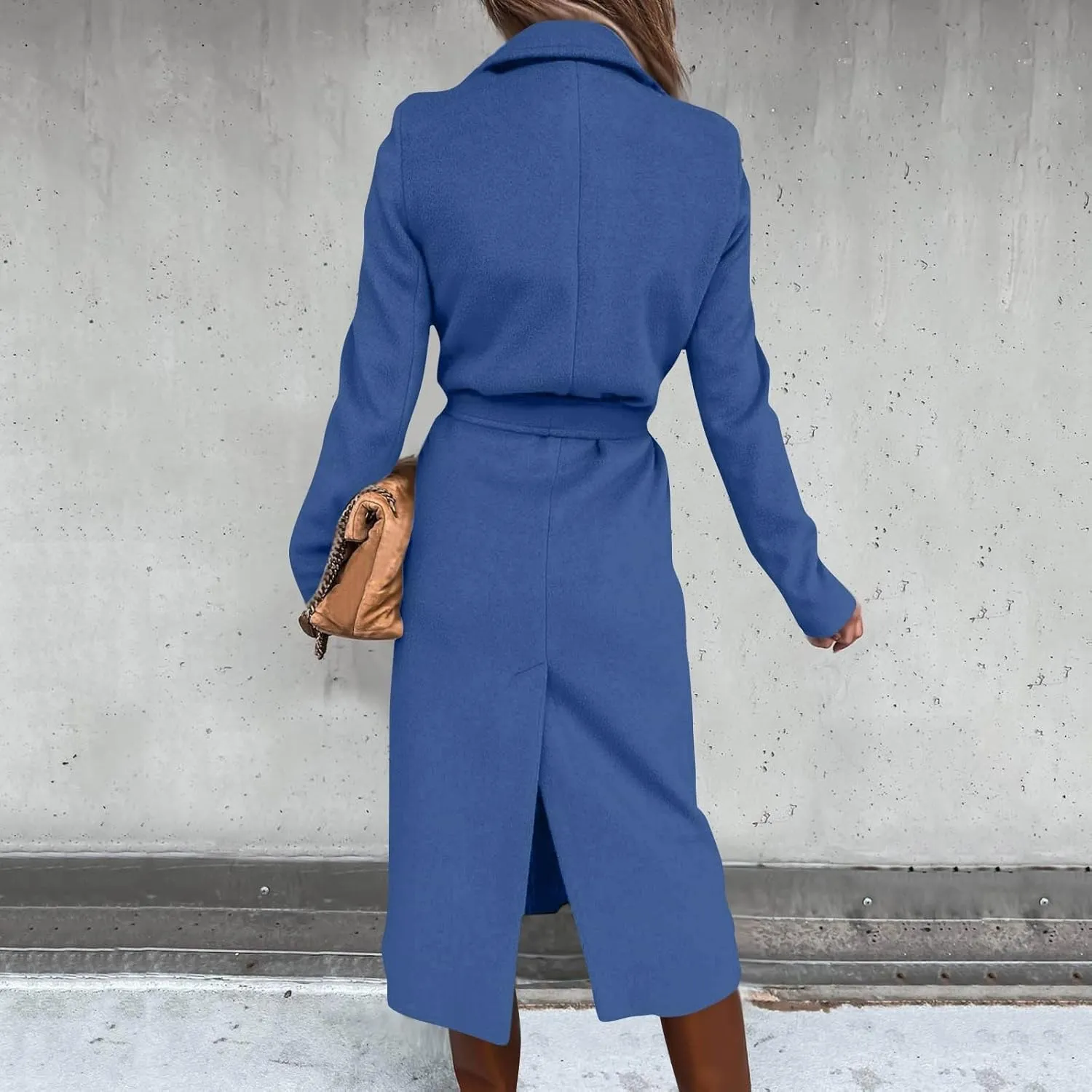 Long Trench Coats For Women Fashion Faux Wool Coat Blouse Thin Solid Jacket Ladies Notch Lapel Overcoat With Belt