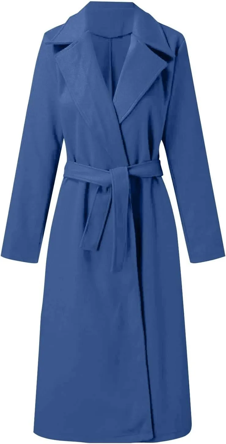 Long Trench Coats For Women Fashion Faux Wool Coat Blouse Thin Solid Jacket Ladies Notch Lapel Overcoat With Belt