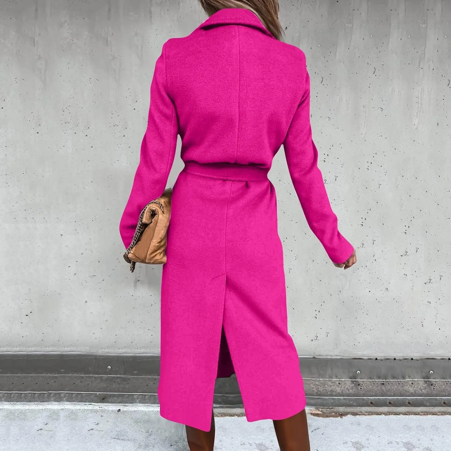 Long Trench Coats For Women Fashion Faux Wool Coat Blouse Thin Solid Jacket Ladies Notch Lapel Overcoat With Belt